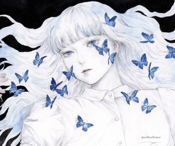 1girl black_background blue_butterfly blue_eyes bug butterfly colored_skin commentary_request expressionless hair_spread_out insect long_hair looking_to_the_side lying on_back original painting_(medium) parted_lips ringo_komachi shirt solo traditional_media upper_body watercolor_(medium) white_hair white_shirt white_skin