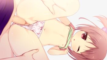 1boy 1girl :o aoi_aruma blush censored clenched_hand clothed_sex clothes_lift clueless cowboy_shot flat_chest game_cg grey_background hand_up holding_another&#039;s_thighs jissai_no_tokoro kumura_hibari_(jissai_no_tokoro) loli lying missionary mosaic_censoring navel nipples on_back one_eye_closed panties panty_pull penis pink_hair pink_panties pov pov_crotch purple_shirt pussy sex shirt shirt_lift short_hair short_sleeves sidelocks simple_background spread_legs standing t-shirt third-party_source twintails underwear vaginal variant_set