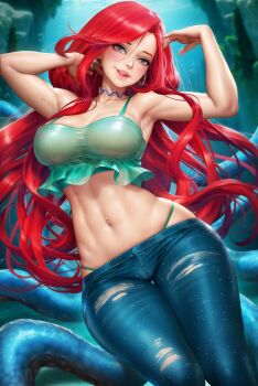 1girl armpits blue_pants breasts chelsea_(ruby_gillman) chelsea_van_der_zee choker crop_top eyeshadow highleg highleg_panties highres large_breasts long_hair looking_at_viewer makeup navel_piercing neoartcore panties pants piercing red_hair ruby_gillman:_teenage_kraken smile solo tentacles toned toned_female torn_clothes torn_pants underwear water