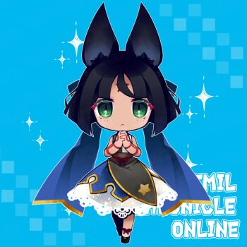 1girl animal_ears black_boots black_dress black_hair blue_background blue_dress blue_ribbon body_markings boots brown_corset chibi copyright_name corset cw_hituzi dress emil_chronicle_online facial_mark green_eyes hair_ribbon looking_at_viewer praying ribbon shugoma_ruu solo white_dress