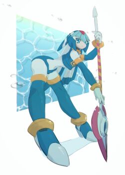 1girl armor bent_over blue_eyes fairy_leviathan_(mega_man) forehead_jewel full_body helmet highres holding holding_polearm holding_weapon lemon_inu mega_man_(series) mega_man_zero_(series) polearm red_armor red_helmet simple_background solo spear weapon white_background