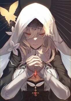 1girl aponia black_dress blonde_hair breast_curtains breasts bug butterfly dress gonnbe_fofo highres honkai_(series) honkai_impact_3rd insect large_breasts mole mole_under_eye nun own_hands_together praying red_eyes short_hair solo upper_body veil white_veil