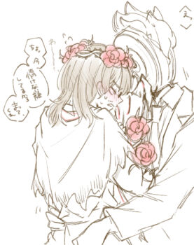 Rule 34 | 1boy, 1other, absurdres, alternate costume, arm vines, beard stubble, blush, brown hair, capelet, clock, closed eyes, coat, collared shirt, covering another's mouth, crown of thorns, dante (limbus company), dress, e.g.o (project moon), embarrassed, facial hair, fire, flower, flower wreath, flying sweatdrops, formal clothes, from behind, from side, garden of thorns (e.g.o), gauntlet, gauntlets, glasses, gloves, gregor (project moon), hair flower, hair intakes, hair ornament, hair vines, hairband, hands up, head blush, head wreath, height difference, highres, hug, lily26983455, limbus company, limited palette, long hair, long sleeves, looking at another, male bride, male focus, monochrome, necktie, nose blush, object head, official alternate costume, parted bangs, parted lips, plant, project moon, red flower, red rose, red strips, rose, sash, semi-rimless eyewear, shirt, shoulder sash, simple background, single gauntlet, single glove, sketch, speech bubble, spot color, stubble, suit, sweat, sweatdrop, thorns, torn capelet, torn clothes, torn dress, turtleneck, turtleneck dress, upper body, vines, waist sash, white background, yaoi