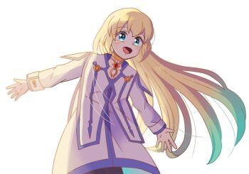 blonde_hair blue_eyes blue_trim blurry chest_jewel colette_brunel depth_of_field dress floating_hair gold_choker highres jacket leggings long_hair looking_at_viewer open_mouth outstretched_arms pantyhose rorupoyo simple_background smile spread_arms tales_of_(series) tales_of_symphonia white_background white_dress white_jacket