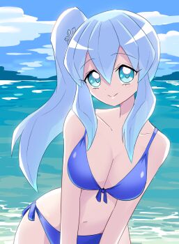 1girl bikini blue_bikini blue_eyes blue_hair blush breasts cleavage cloud collarbone jashin-chan_dropkick large_breasts leaning_forward long_hair looking_at_viewer navel ocean ponytail shadow_(modeler3622) side-tie_bikini_bottom side_ponytail sidelocks sky smile snowflakes standing swimsuit water yusa_(jashin-chan_dropkick)