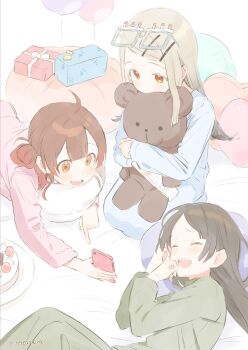 3girls :d ahoge balloon bed_sheet birthday_glasses blonde_hair blue_nightgown blush box brown_eyes brown_hair cake cellphone closed_eyes commentary_request double-parted_bangs earrings eyewear_on_head food gakuen_idolmaster gift gift_box gradient_hair green_pajamas green_pants green_shirt grey_hair hair_bun hair_ornament hairclip hanami_ume highres holding holding_phone holding_stuffed_toy idolmaster index_finger_raised indoors jewelry kuramoto_china laughing long_hair looking_at_another lying medium_hair multicolored_hair multiple_girls nightgown on_side on_stomach open_mouth orange_eyes pajamas pants parallel_hairclips parted_bangs parted_lips phone pillow pink_pajamas pink_shirt plate pointing presenting seiza shinosawa_hiro shirt single_hair_bun single_side_bun sitting smartphone smile stud_earrings stuffed_animal stuffed_toy teddy_bear tetta_(tettaakira) twitter_username