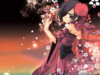 1girl animal_ears back bare_shoulders black_eyes black_hair card cherry_blossoms detached_sleeves dress exif_thumbnail_surprise eyepatch female_focus flower hanafuda hinayuki_usa holding holding_card japanese_clothes original petals ribbon rose short_hair solo wide_sleeves