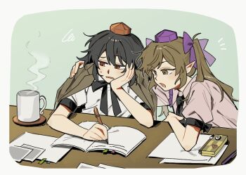 2girls black_bow black_bowtie black_hair black_necktie bow bowtie brown_eyes brown_hair brown_jacket cellphone collared_shirt commentary cup flip_phone frilled_shirt_collar frills hand_on_another&#039;s_shoulder hand_on_own_cheek hand_on_own_face hat himekaidou_hatate holding holding_pen jacket jacket_on_shoulders long_hair mug multiple_girls necktie notebook open_mouth pen phone pointy_ears purple_hat red_eyes red_hat sakic43899 shameimaru_aya shirt squiggle steam sweatdrop symbol-only_commentary table tokin_hat touhou twintails white_shirt writing