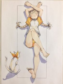 1girl barefoot bikini bikini_bottom_only blonde_hair braid cat closed_eyes commentary_request full_body highres lying on_back orange_bikini original painting_(medium) peter_salt shadow shirt smile soles solo swimsuit traditional_media twin_braids watercolor_(medium) white_cat