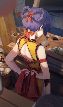 1girl apron arm_strap arms_behind_back back back_cutout back_focus backless_outfit blue_hair blurry bow bowl braid braided_hair_rings chopsticks clothing_cutout cooking counter cutting_board depth_of_field facing_away food frills from_above from_behind genshin_impact guoba_(genshin_impact) hair_rings highres holding holding_plate kitchen kitchen_knife knife leviathan_(hikinito0902) onion paw_print pepper_shaker plate red_apron red_bow salt_shaker sauce shirt short_hair short_shorts shorts sleeveless sleeveless_shirt solo_focus steamed_bun tying_apron xiangling_(genshin_impact)
