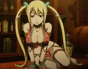 1girl animated animated_gif anime_screenshot anklet arabian_clothes armlet barefoot belly_dancer blonde_hair bottle bracelet breasts collarbone fairy_tail fairy_tail:_dragon_cry feet gemini_(fairy_tail) jewelry large_breasts looking_at_viewer lucy_heartfilia lucy_heartfilia_(bar_altair_dancer)_(fairy_tail) navel necklace revealing_clothes seductive_gaze seductive_smile sitting smile thighlet thighs toes twintails