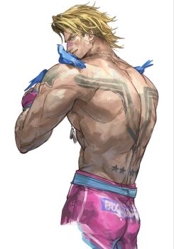 Rule 34 | 1boy, abs, animal, animal on shoulder, back tattoo, baiyeju8, bandaid, bandaid on face, bandaid on nose, bird, bird on shoulder, blonde hair, bluebird, commentary request, cropped legs, dog tags, fingerless gloves, gloves, highres, luke sullivan, male focus, mma gloves, pink shorts, shorts, shoulder tattoo, simple background, solo, star (symbol), street fighter, street fighter v, tattoo, topless male, tramp stamp, white background