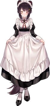 1girl :3 animal_ears anklet black_dress black_footwear brown_hair buttons crossed_legs dog_ears dog_tail dress frilled_dress frills full_body hair_ornament heterochromia inui_toko inui_toko_(western_maid) jewelry long_sleeves looking_at_viewer maid maid_headdress medium_hair neck_ribbon nijisanji official_alternate_hairstyle official_art puffy_sleeves red_eyes red_ribbon ribbon socks solo tachi-e tail transparent_background virtual_youtuber white_dress white_socks y_o_u_k_a yellow_eyes