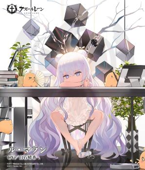 >_< +_+ 1girl alternate_costume anchor_symbol animal azur_lane baby_animal bare_arms bare_legs bare_shoulders barefoot bendy_straw bird blue_eyes blush blush_stickers book book_stack bow cat chair character_name chick closed_mouth commentary_request computer computer_tower copyright_name copyright_notice cup desk double_bun drawing_tablet dress drinking_glass drinking_straw feet female_focus flower frilled_dress frills full_body glass gradient_hair hair_between_eyes hair_bow hair_bun hair_spread_out hand_fan head_on_arm high_heels holding kincora le_malin_(azur_lane) le_malin_(sleepy_sunday)_(azur_lane) logo long_hair looking_at_viewer manjuu_(azur_lane) multicolored_hair official_alternate_costume official_art on_chair phone plant pointing pointing_at_viewer potted_plant pout purple_hair reflection see-through_clothes shoes short_dress sidelocks single_shoe sitting sleeveless sleeveless_dress solo spread_legs sundress sweat symbol-shaped_pupils table tree tutu unworn_shoes very_long_hair watermark wavy_hair white_dress white_flower white_hair white_shoes