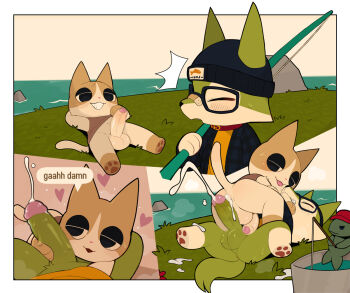 2boys ^^^ beanie bottomless cat clothes_lift collar cum cum_in_ass cum_on_body cum_on_lower_body cum_on_penis ejaculation english_text fish fishing fishing_rod furry furry_male grin hat heart lying male_focus multiple_boys on_back on_ground outdoors pawpads penis_on_face presenting sex shirt_lift smile speech_bubble straddling sweat testicles webfishing wolf yaoi zsloth