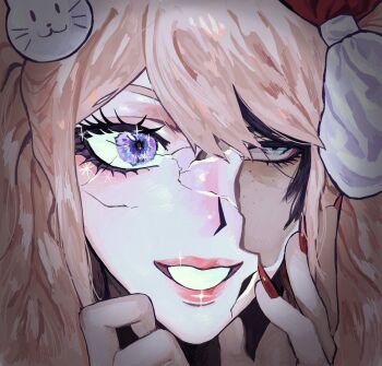 bear_hair_ornament black_hair blonde_hair blush bow cosplay cracked_kawaii_mask danganronpa:_trigger_happy_havoc danganronpa_(series) enoshima_junko enoshima_junko_(cosplay) freckles grey_eyes grin hair_bow hair_ornament half-closed_eye hands_up highres ikusaba_mukuro kamo_(kamooo44) long_hair nail_polish pink_eyes rabbit_hair_ornament red_bow red_nails shiny_skin smile teeth white_bow