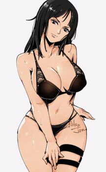 1girl artist_name bare_shoulders bikini black_bikini black_hair blue_eyes blush breasts cleavage closed_mouth collarbone cropped_legs highres large_breasts long_hair looking_at_viewer navel nico_robin one_piece panties relaxjon signature simple_background smile solo swimsuit thighs underwear white_background