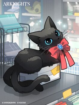 1girl absurdres arknights black_cat blue_eyes bow bowtie box brooch cat commentary copyright_name copyright_notice counter english_commentary hat head_tilt highres in_box in_container indoors jewelry looking_at_viewer miss_christine_(arknights) morini_ochiteru multiple_tails official_art red_bow red_bowtie second-party_source shelf solo sparkle tail unworn_hat unworn_headwear