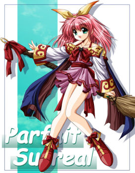 1girl bow bow_hairband bra bra_strap broom broom_riding commentary_request dress drop_shadow f20_(funimaru) footwear_bow full_body green_eyes hairband heartful_memories little_witch_parfait long_sleeves medium_hair off-shoulder_dress off_shoulder open_mouth parfait_sucreal pink_dress pink_hair red_bow red_bra red_sash red_shoes sash shoes short_dress sleeve_cuffs smile solo underwear white_sleeves yellow_bow yellow_hairband