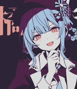 1girl bird_hat_ornament black_background black_bow black_bowtie black_capelet black_hat blue_hair blunt_bangs blush bow bowtie braid braided_hair_rings capelet collared_shirt deerstalker double-parted_bangs hair_rings hand_on_own_chin hat highres kobaryo lapels long_sleeves looking_at_viewer mahou_shoujo_no_majo_saiban medium_hair open_mouth orange_eyes shirt solo tachibana_sherry upper_body white_shirt wing_ornament