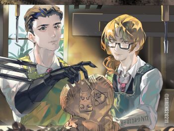 2boys apron artist_name beard_stubble black_eyes black_gauntlets black_vest brown_hair carving chibi chibi_only collared_shirt commentary facial_hair gauntlets green_apron gregor_(project_moon) heart highres limbus_company looking_at_viewer looking_down male_focus medium_hair meursault_(project_moon) multiple_boys necktie project_moon rectangular_eyewear red_necktie semi-rimless_eyewear shirt shoggoth_(sirens20211) short_hair single_gauntlet sleeves_rolled_up statue stubble translation_request vest white_shirt window wood_carving_tool