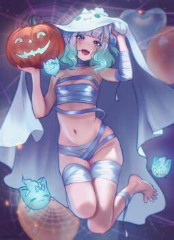 1girl :d absurdres balloon bandaged_arm bandaged_leg bandages barefoot blue_eyes commentary english_commentary fang ghost_costume gradient_hair green_hair halloween heart_balloon highres indie_virtual_youtuber jack-o&#039;-lantern looking_at_viewer mint_fantome multicolored_hair naked_bandage navel open_mouth pointy_ears rukunikun sheet_ghost short_hair silk skin_fang smile solo spider_web stomach toes two_side_up virtual_youtuber wavy_hair white_hair wisps_(mint_fantome)