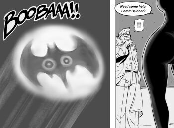 1girl absurdres bat_signal batman_(series) bb_(baalbuddy) coat comic dc_comics english_text facial_hair floodlights glasses greyscale highres james_gordon monochrome mustache necktie open_clothes open_coat parody silhouette speech_bubble