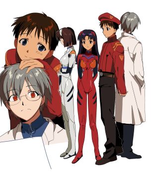 2boys 2girls 4zw89qkqagggcf7 akagi_ritsuko akagi_ritsuko_(cosplay) alternate_universe ayanami_rei ayanami_rei_(cosplay) back-to-back blue_eyes blue_shirt bodysuit breasts brown_hair brown_pants closed_mouth coat commentary_request cosplay frown full_body glasses grey_hair hand_on_another&#039;s_head hat highres ikari_shinji implied_yaoi jacket katsuragi_misato katsuragi_misato_(cosplay) lab_coat long_hair long_sleeves mecha_pilot_suit medium_breasts military_uniform multiple_boys multiple_girls multiple_views nagisa_kaworu neon_genesis_evangelion official_alternate_hair_color pants plugsuit_(evangelion) purple_hair red_bodysuit red_eyes red_hat red_jacket role_reversal shirt short_hair simple_background smile souryuu_asuka_langley souryuu_asuka_langley_(cosplay) white_background white_bodysuit white_coat