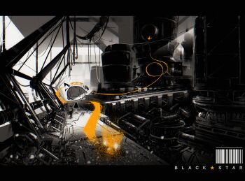 1girl barcode black_border black_dress border creature dress highres limited_palette machine machinery original standing wire xkl3001