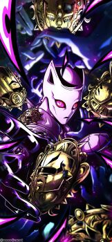 6+others absurdres animal_ears black_gloves cat_ears colored_sclera crazy_diamond diamond_wa_kudakenai dollar_sign echoes_(stand) echoes_act3 gloves heart_ornament heaven&#039;s_door helmet highres jojo_no_kimyou_na_bouken killer_queen looking_at_viewer multiple_others noonvincent other_focus peace_symbol pink_sclera slit_pupils solo stand_(jojo) star_platinum the_hand_(stand)