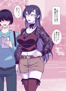 1boy 1girl absurdres arm_at_side belt black_pants black_thighhighs blue_hair breasts cleavage fangs hair_over_eyes hand_on_own_hip highres lace lace_sleeves long_hair medium_breasts mole mole_under_eye navel original pale_skin pants photo_background purple_hair red_nails short_shorts shorts speech_bubble tatsubon thighhighs very_long_hair
