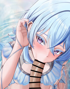 1boy 1girl :&gt;= absurdres armlet bar_censor blue_dress blue_hair blue_nails blush breasts censored closed_mouth colored_eyelashes commentary commonalty dress erection fellatio fingernails from_above hand_up highres jewelry looking_at_viewer looking_up medium_breasts nail_polish oral paid_reward_available penis pov purple_eyes shorekeeper_(wuthering_waves) sitting sleeveless sleeveless_dress variant_set wuthering_waves