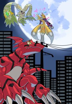 body_fur building digimon digimon_(creature) digimon_tamers dragon full_moon gem green_fur group_picture guilmon guilmon_x-antibody highres horns kitsune laser_(akirawai) moon night on_top_of_pole red_scales renamon renamon_x-antibody single_horn skyscraper standing terriermon terriermon_x-antibody yellow_fur