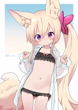 1girl animal_ear_fluff animal_ears bikini black_bikini blonde_hair commission flat_chest fox_ears fox_tail loli long_hair looking_at_viewer nassukun navel open_clothes open_shirt original paid_reward_available pixiv_commission purple_eyes shirt side_ponytail solo swimsuit tail white_shirt