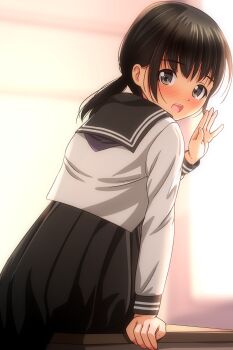 1girl absurdres black_hair black_sailor_collar black_skirt blush brown_eyes commentary_request hand_up highres long_sleeves looking_at_viewer matsunaga_kouyou nose_blush open_mouth original pleated_skirt sailor_collar school_uniform serafuku shirt skirt solo teeth upper_teeth_only white_shirt