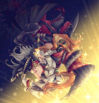 2girls absurdres animal_ears asymmetrical_footwear asymmetrical_legwear belt black_hair blood blood_splatter blue_eyes boots brown_hair cape closed_mouth clothing_cutout coat commentary_request dream_journey_(reminder_of_dreamland)_(umamusume) dream_journey_(umamusume) fingernails floating_hair from_side full_body fur_collar gem glasses green_gemstone grey_hair half-closed_eye hand_on_another's_thigh head_hug head_on_chest high_heels highres horse_ears horse_girl horse_tail hug jacket jewelry kiss kissing_cheek leather leather_boots light_smile long_hair long_sleeves looking_at_viewer miru_(mill_36) multicolored_hair multiple_girls multiple_rings nail_polish orfevre_(control)_(umamusume) orfevre_(umamusume) pantyhose parted_lips red_nails ring shoes single_shoe single_thigh_boot single_thighhigh sleeves_past_wrists sparkle tail tail_through_clothes thigh_boots thigh_strap thighhighs two-tone_hair umamusume upside-down very_long_hair yin_yang