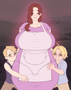 1girl 2boys age_difference alphonse_elric apron blonde_hair breasts brothers brown_hair closed_eyes dress edward_elric fullmetal_alchemist huge_breasts long_hair looking_at_viewer mandaring mature_female mother_and_son multiple_boys pink_apron pink_dress shota siblings size_difference standing thick_thighs thighs trisha_elric wide_hips
