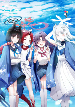1boy 4girls :d ^_^ absurdres animal_ear_fluff animal_ears arm_under_breasts black_eyes black_hair black_sailor_collar black_skirt blue_archive blue_bow blue_bowtie blue_halo blue_haori blue_neckerchief blue_sky blush bow bowtie breasts bright_pupils cat_ears cat_girl cat_tail closed_eyes closed_mouth cloud colored_eyelashes commentary_request day doodle_sensei_(blue_archive) double_v dragon_girl dragon_horns dragon_tail eyes_visible_through_hair eyeshadow facing_viewer feet_out_of_frame floating_hair flower forehead frown grey_eyes grin hair_flower hair_ornament halo hands_up haori haori_on_shoulders happy highres horns hyakkaryouran_(blue_archive) ice_night328 japanese_clothes kikyou_(blue_archive) kneehighs long_hair long_skirt long_sleeves looking_at_viewer makeup miniskirt multiple_girls multiple_tails nagusa_(blue_archive) neckerchief open_mouth outdoors parted_bangs parted_lips pleated_skirt ponytail purple_flower purple_hair purple_halo purple_ribbon red_eyeshadow red_hair red_halo red_sailor_collar renge_(blue_archive) ribbon sailor_collar school_uniform sensei_(blue_archive) serafuku shirt short_hair single_horn skirt sky small_breasts smile snowflake_hair_ornament snowflake_halo socks standing straight_hair sweatdrop tail thick_eyebrows tsurime two_tails v white_bow white_eyelashes white_hair white_halo white_pupils white_shirt white_socks wide_sleeves yukari_(blue_archive)