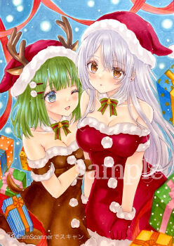 2girls :o absurdres antlers armband bell blush breasts brown_armband brown_dress brown_eyes brown_gloves christmas cleavage collarbone commentary commentary_request detached_collar dress english_commentary fur-trimmed_dress fur-trimmed_gloves fur_trim gift gloves green_hair grey_eyes grey_hair hair_ornament hairclip hat highres horns horns_through_headwear large_breasts long_hair looking_at_viewer marker_(medium) medium_breasts medium_hair mixed-language_commentary multiple_girls neck_bell one_eye_closed open_mouth original parallel_hairclips parted_bangs parted_lips pom_pom_(clothes) pom_pom_hair_ornament red_armband red_dress red_gloves sample_watermark santa_costume santa_hat sarieru smile strapless strapless_dress traditional_media watermark wispy_bangs