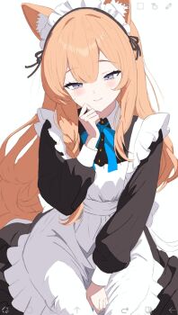 1girl alternate_costume animal_ear_fluff animal_ears apron art_program_in_frame black_dress black_ribbon blue_archive blue_bow blue_bowtie blue_eyes blush bow bowtie cat_ears cat_girl clenched_hand closed_mouth commentary_request cowboy_shot double-parted_bangs dress enmaided eyelashes frilled_apron frills hair_between_eyes hair_ribbon hand_up highres ibispaint_(medium) long_hair long_sleeves looking_at_viewer maid maid_apron maid_headdress mari_(blue_archive) orange_hair puffy_long_sleeves puffy_sleeves ribbon smile solo tsurime very_long_hair wa_sumi white_apron