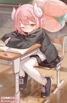 1girl absurdres ahoge artist_name ass black_jacket black_shoes black_skirt blue_panties blush brown_eyes chair classroom cloneko_(zelmeledf2) closed_mouth commentary_request commission curled_horns desk eraser garter_straps highres horns indoors jacket layered_sleeves long_sleeves miniskirt multiple_views on_chair one_eye_closed open_clothes open_jacket original paid_reward_available panties pee pee_puddle peeing peeing_self pink_hair plaid_clothes plaid_skirt pleated_skirt school_chair school_desk school_uniform shirt shoes short_hair sitting skeb_commission skirt sneakers squeans thighhighs twitter_username underwear wet wet_clothes wet_panties white_garter_straps white_horns white_shirt white_thighhighs wooden_floor