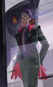 1boy arbok black-framed_eyewear black_hair black_jacket black_pants closed_mouth cobra_(animal) collared_shirt corbeau_(pokemon) eyewear_strap gen_1_pokemon glass glasses hands_in_pockets highres jacket long_sleeves looking_at_viewer male_focus necktie nintendo olys open_clothes open_jacket pants parted_hair pokemon pokemon_(creature) pokemon_legends:_z-a purple_hair purple_shirt round_eyewear shirt short_hair short_sideburns snake undercut white_necktie yellow_eyes