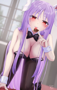 Rule 34 | 1girl, alternate costume, animal ears, black bow, black bowtie, black leotard, black shoes, blush, bow, bowtie, breasts, brown pantyhose, candy, chocolate, chocolate heart, cleavage, commentary request, detached collar, food, food in mouth, grin, heart, heart-shaped food, high heels, highres, kneeling, large breasts, leotard, mizunisabano, mouth hold, pantyhose, playboy bunny, purple hair, rabbit ears, red eyes, reisen udongein inaba, shoes, short hair, signature, smile, solo, strapless, strapless leotard, touhou, valentine, very short hair, wrist cuffs