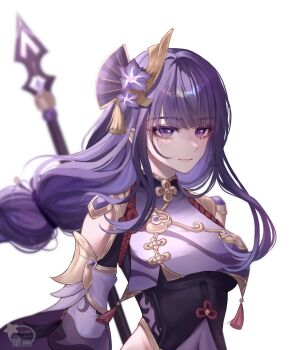 1girl alternate_costume alternate_hairstyle artist_name blunt_bangs blurry blurry_background chinese_clothes closed_mouth clothing_cutout cosplay covered_navel covered_underboob depth_of_field electricity engulfing_lightning_(genshin_impact) fan_hair_ornament flower flower_ornament from_side genshin_impact hair_flowing_over hair_ornament highres hip_vent holding holding_polearm holding_weapon light_blush long_hair long_sleeves looking_at_viewer looking_to_the_side low-tied_long_hair mole mole_under_eye pink_lips polearm purple_eyes purple_flower raiden_shogun shade shenhe_(genshin_impact) shenhe_(genshin_impact)_(cosplay) shoulder_cutout simple_background solo standing toshidosi upper_body watermark weapon white_background wide_sleeves wind