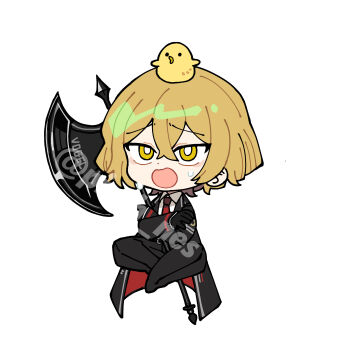 1boy animal animal_on_head axe baby_animal bird bird_on_head black_coat black_pants blonde_hair chick coat collared_shirt crying halberd highres holding holding_axe invisible_chair limbus_company necktie on_head open_mouth pants pinch_(nesume) polearm project_moon red_necktie shirt sinclair_(project_moon) sitting solo weapon white_shirt yellow_eyes