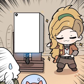 asymmetrical_hair belt blacksmith blonde_hair blue_eyes braid cropped_jacket felyne game_console gemma_(monster_hunter_wilds) goggles goggles_around_neck highres jacket leather_belt long_hair monster_hunter_(character) monster_hunter_(series) monster_hunter_wilds nepnepping open_clothes ponytail side_braid tools xbox_series_x