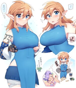 1girl :o arm_tattoo bare_shoulders blonde_hair blue_dress blush breasts commentary_request covered_navel dress earrings genderswap genderswap_(mtf) highres jewelry large_breasts link nintendo pointy_ears skirt tattoo the_legend_of_zelda the_legend_of_zelda:_breath_of_the_wild ttanuu.