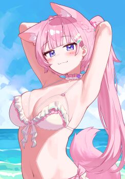 1girl absurdres animal_ear_fluff animal_ears armpits arms_up beach blue_sky breasts choker cleavage cloud day deaver hair_ornament hairclip hakui_koyori high_ponytail highres hololive large_breasts navel ocean outdoors pink_hair ponytail purple_eyes sky solo stomach swimsuit tail virtual_youtuber wolf_ears wolf_tail