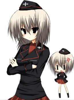 Rule 34 | 2000s (style), anger vein, black eyes, black jacket, black shoes, chibi, chibi inset, crossed arms, dopamineadict1, emblem, garrison cap, girls und panzer, grey hair, hands on own hips, hat, itsumi erika, jacket, kuromorimine (emblem), kuromorimine military uniform, military uniform, red shirt, red skirt, shirt, shoes, skirt, white background