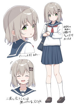 +++ 1girl :d ^_^ absurdres ao_(flowerclasse) bag blue_sailor_collar blue_skirt blush brown_hair brown_shoes closed_eyes closed_mouth duplicate green_eyes hair_between_eyes highres loafers long_sleeves multiple_views neckerchief open_mouth parted_lips pixel-perfect_duplicate pleated_skirt red_neckerchief sailor_collar school_bag school_uniform serafuku shoes simple_background skirt smile socks translation_request white_background white_socks yama_no_susume yukimura_aoi